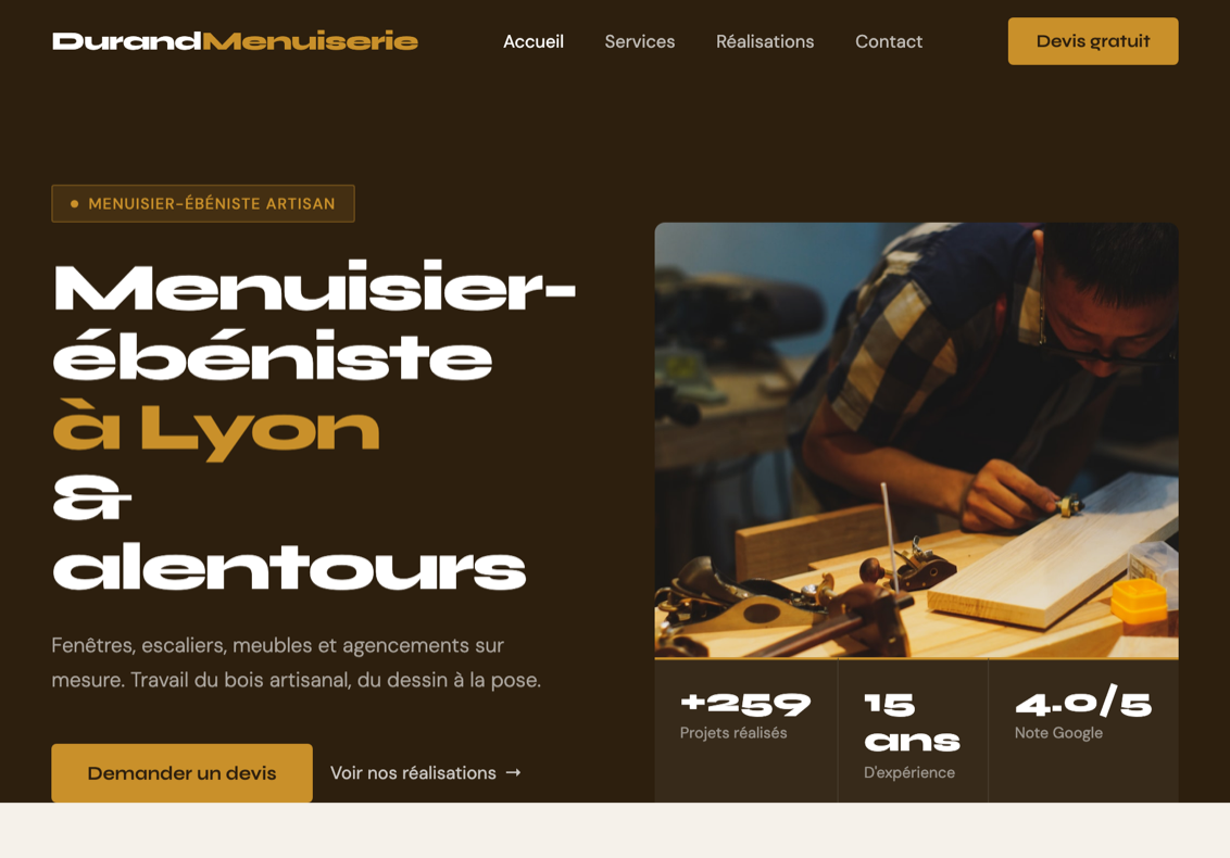 Aperçu d'un site vitrine conçu pour un menuisier-ébéniste